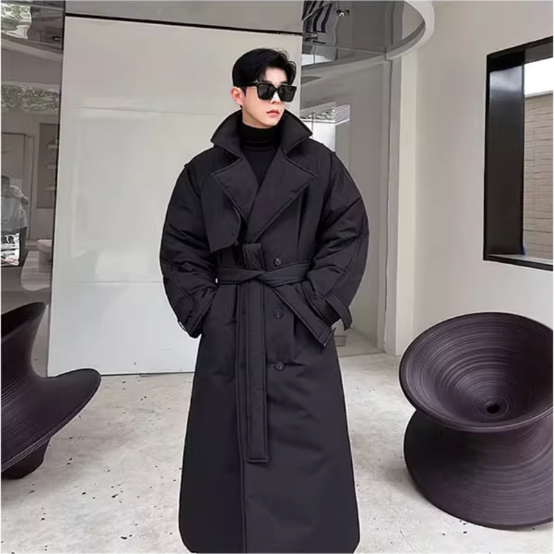 潮牌韩版保暖加厚长款棉服男2025新款冬季小众腰带设计感过膝棉衣