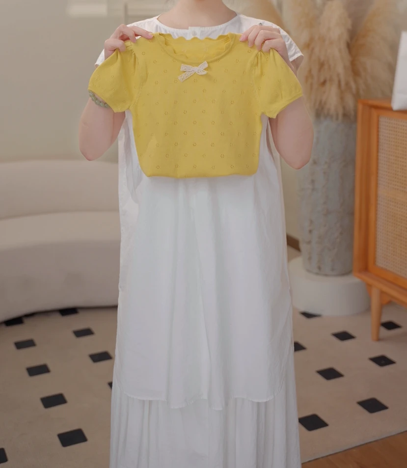 【现货】夏季女童韩版薄款黄色蝴蝶结短袖针织衫T恤25422B