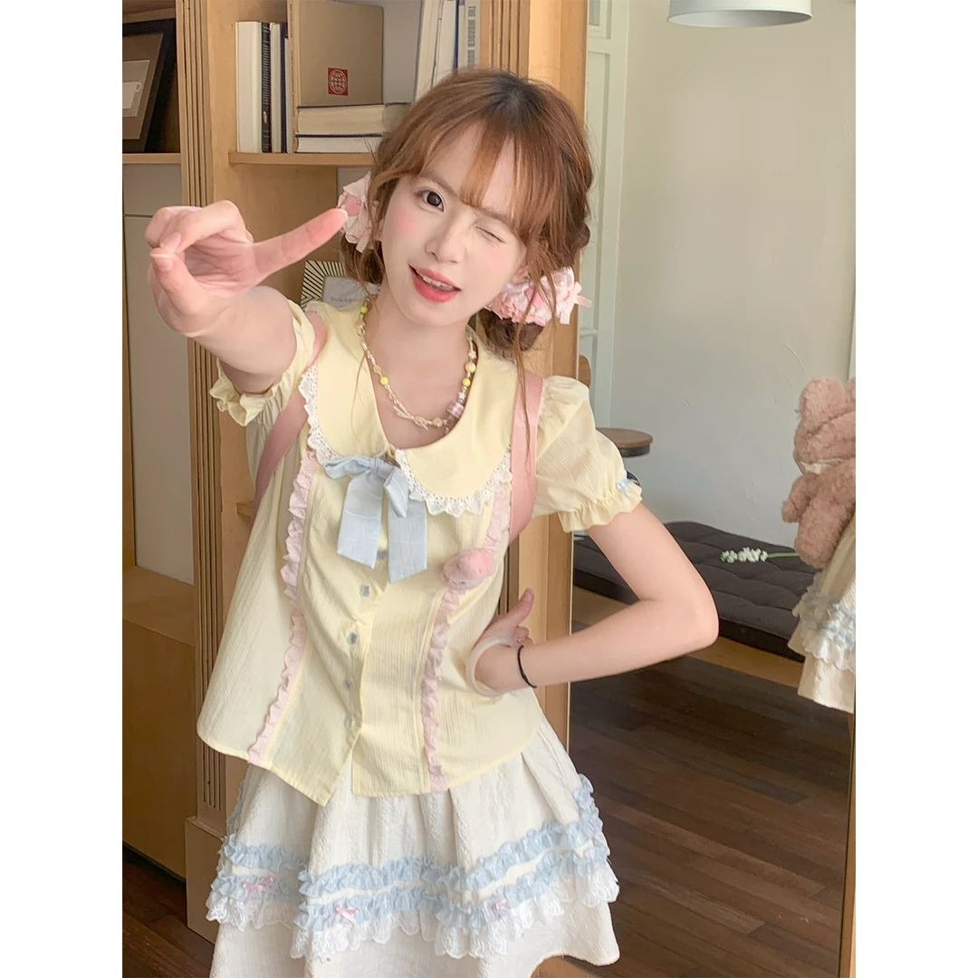 云朵奶芙 sinsingirl  奶黄色撞蓝色粉色套装 上衣+半身裙