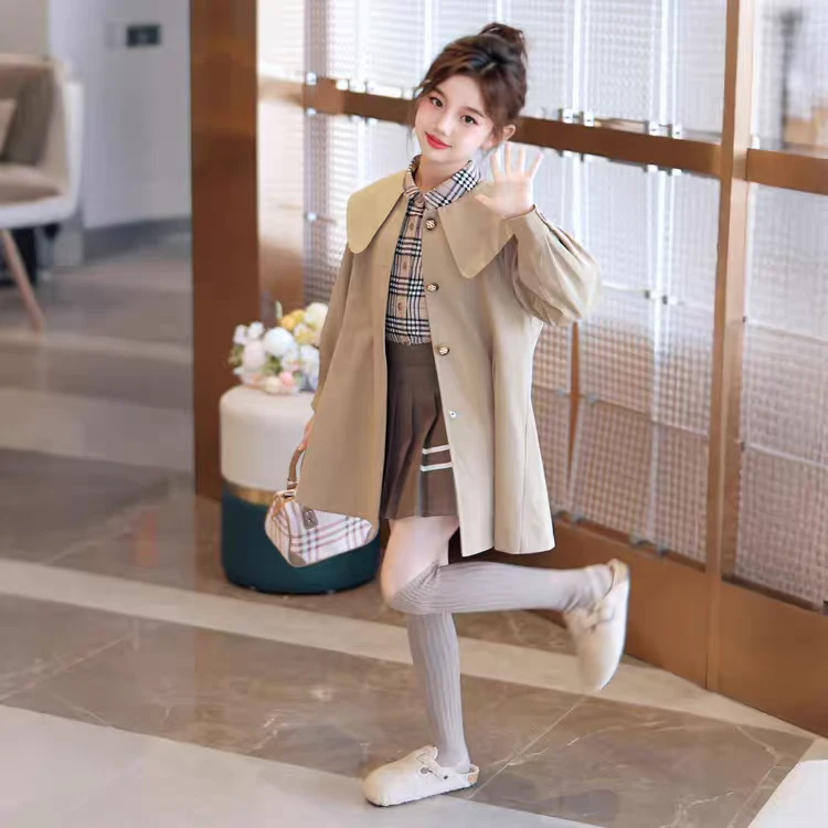 女童风衣外套2025新款洋气儿童秋季学院风jk大衣三件套女孩秋装