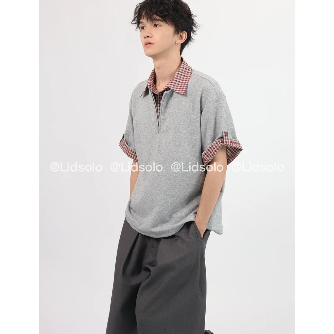 LidsoloLidsolo夏季拼接短袖格子Polo衫印花日系潮流针织清凉感