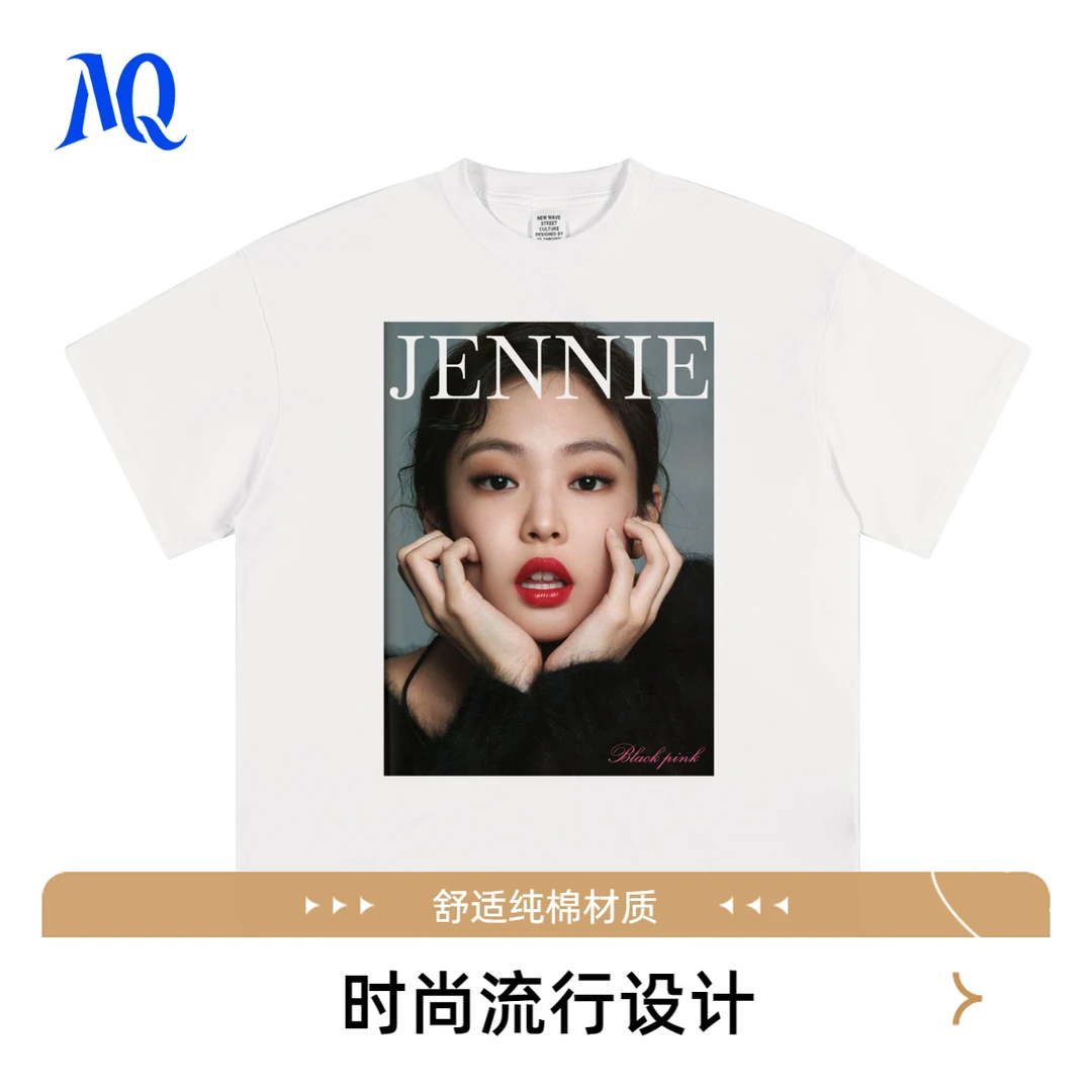 MQ原创2025SS JENNIE金珍妮美式街头人像复古印花T恤重磅圆领短袖