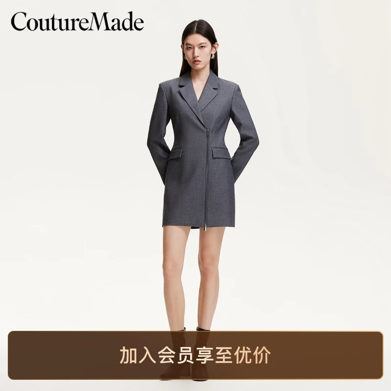 Couture Made连衣裙2025垫肩拉链门襟千金裙子氧气裙小众慵懒风