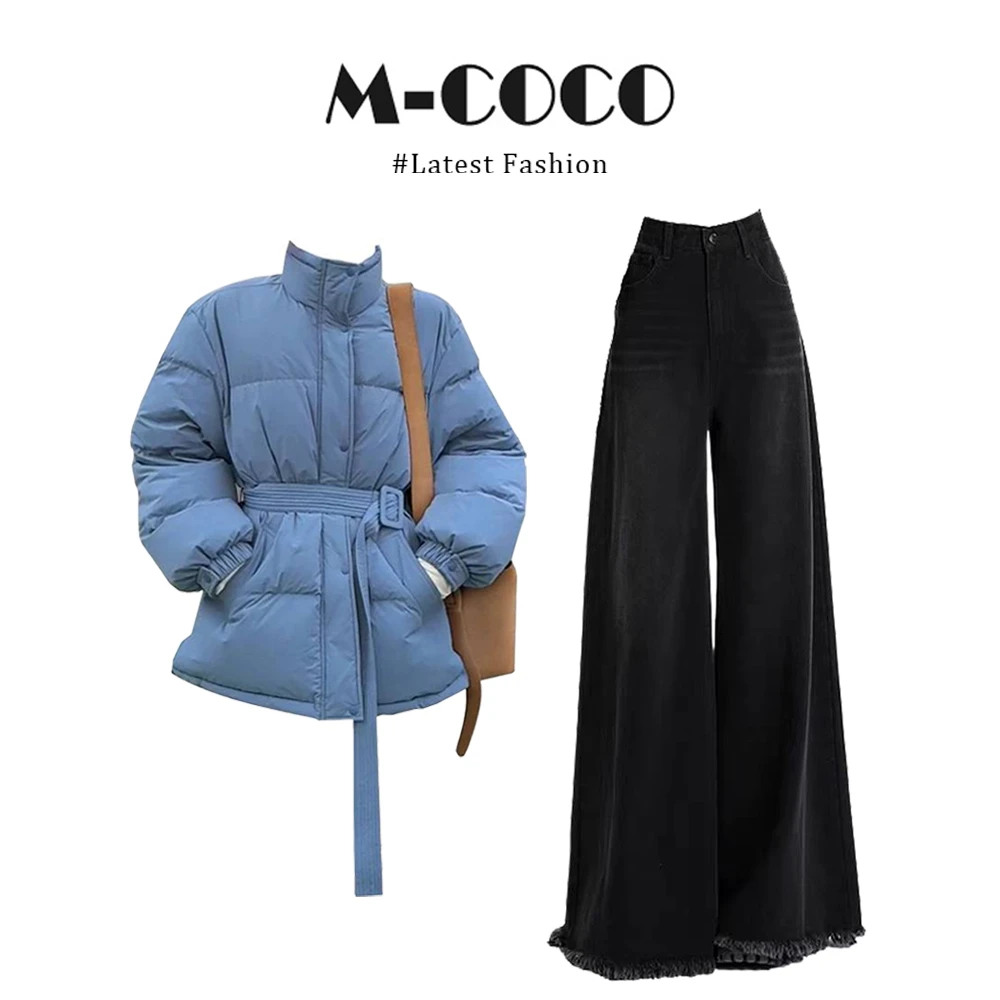 韩系高级感蓝色立领面包服棉服外套毛边牛仔裤套装女