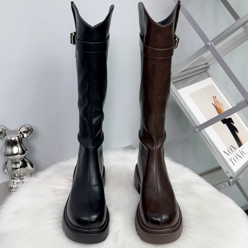 大筒围靴子2025年秋冬弹力长靴厚底增高7cm高筒骑士靴英伦风复古