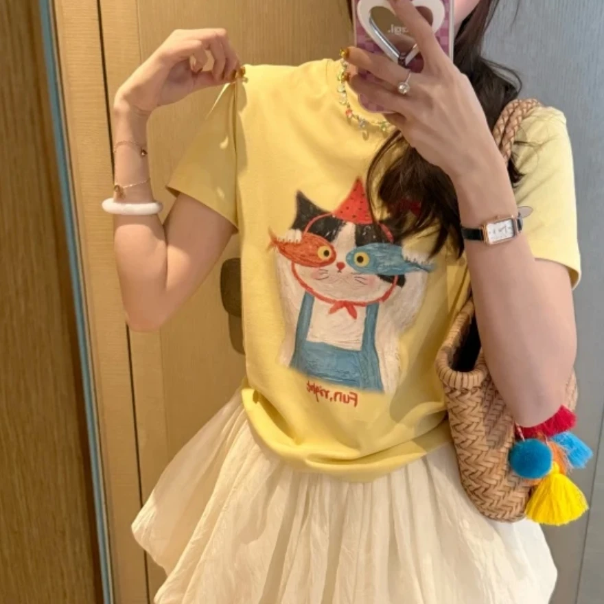 韩版卡通小猫印花短袖T恤女2025夏季新款设计感时尚通勤减龄上衣