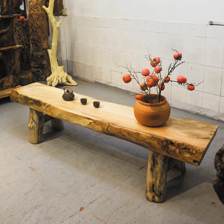 侘寂风中古长条凳原木创意异形禅意艺术风化实木民宿茶室长条板凳