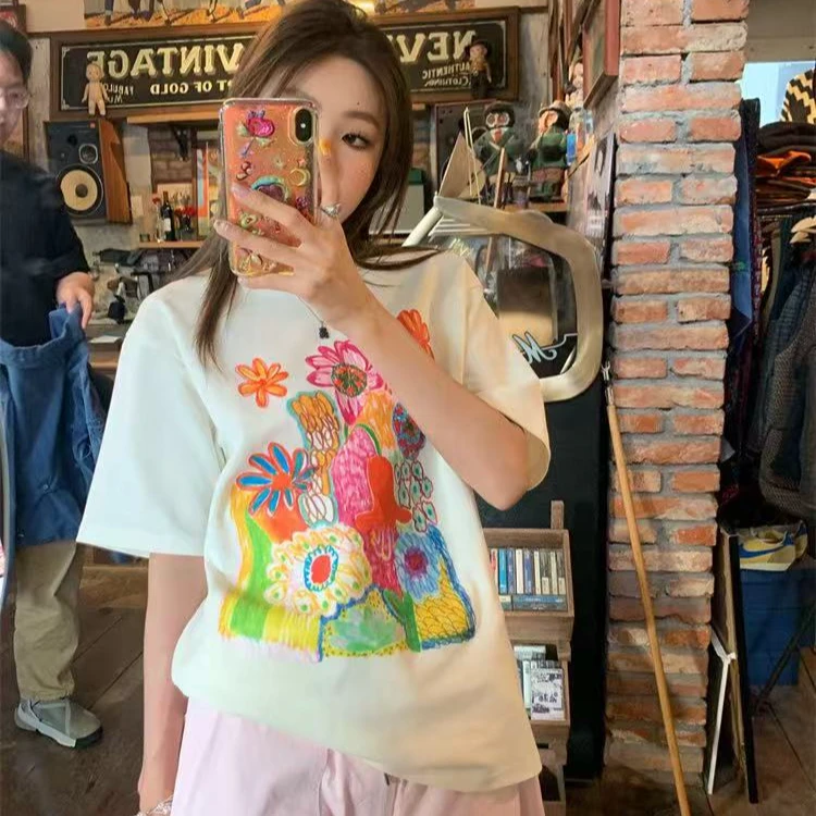 （女孩子家家）韩国磨毛短袖t恤春夏上衣小众白色2025新款打底C388