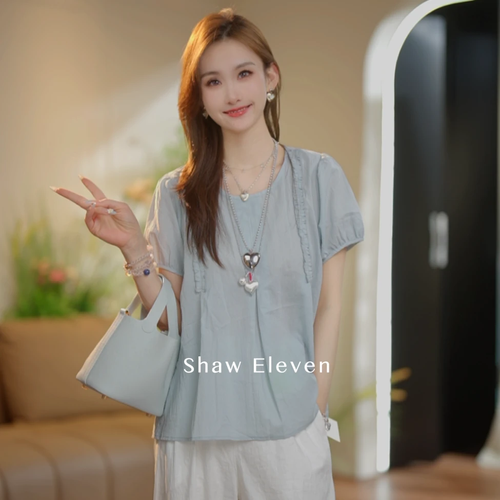 新款【ShawEleven】2025夏装法式木耳边装饰套头短袖上衣衬衫M2560
