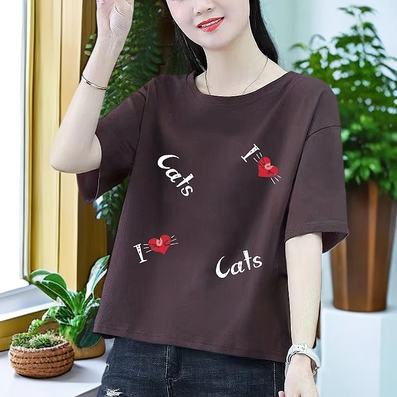 纯棉短袖t恤女2025非常流行夏季宽松显瘦妈妈咖啡色经典体恤上衣