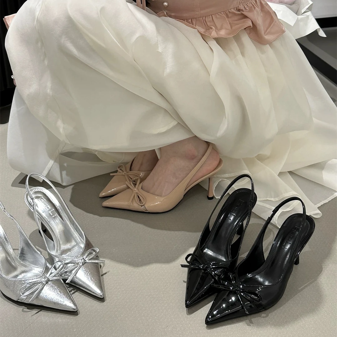 5-7厘米 尖头蝴蝶结凉鞋女2025年春夏新款细跟后空半拖小众高跟鞋