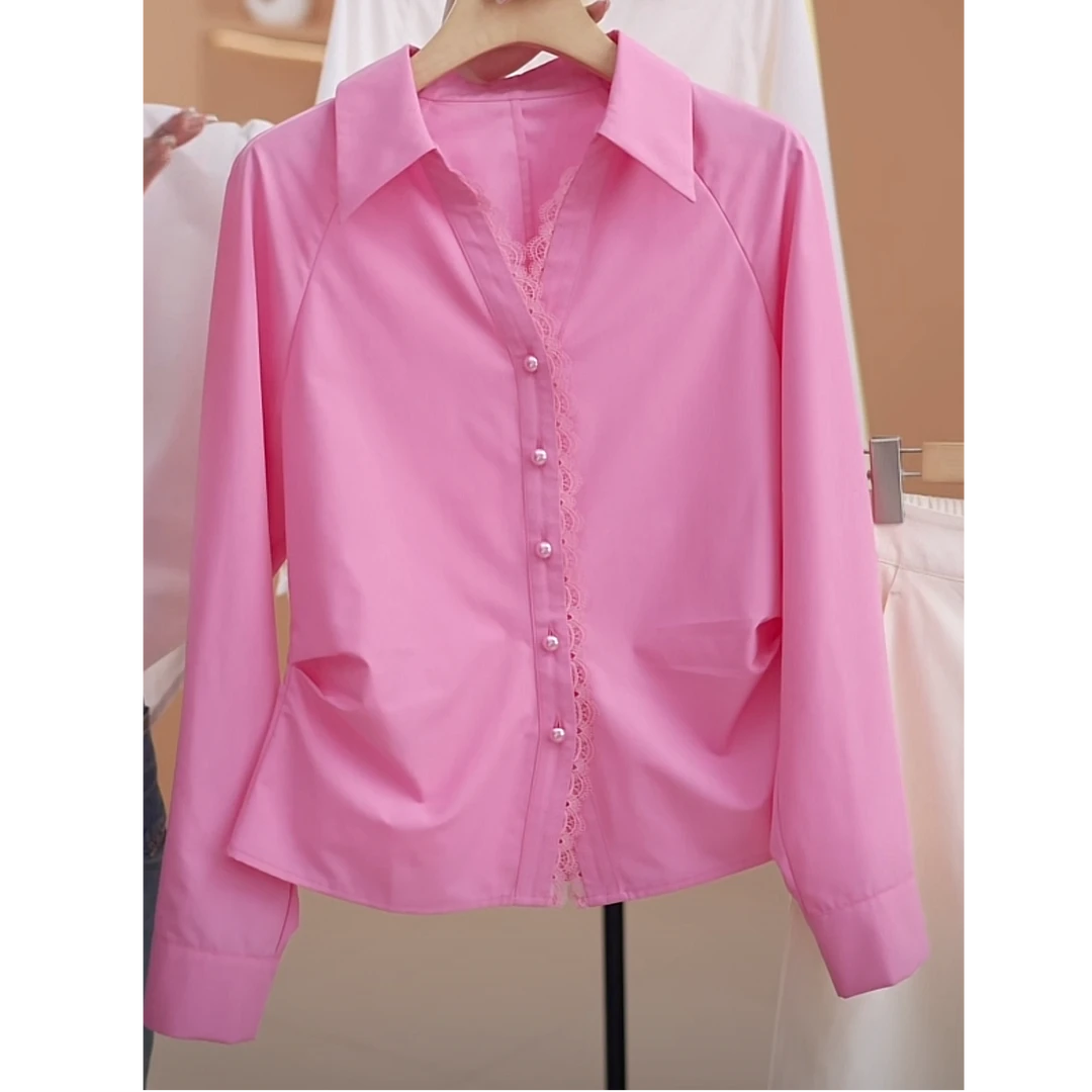 设计感蕾丝花边收腰长袖衬衫女2025新款春季气质时尚百搭显瘦衬衣