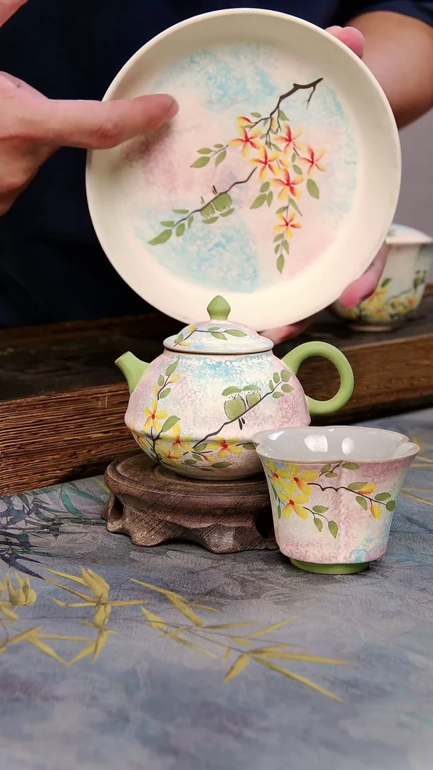 亘古茶具柴烧精品@桂花粉彩壶加壶承加杯