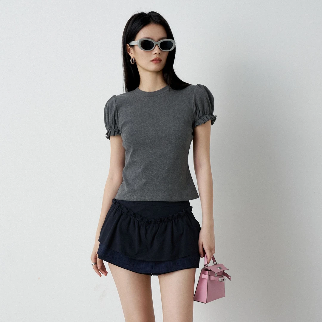 Moprobably李予诺「花苞T」百搭基础款不规则花苞袖打底T恤L5147134