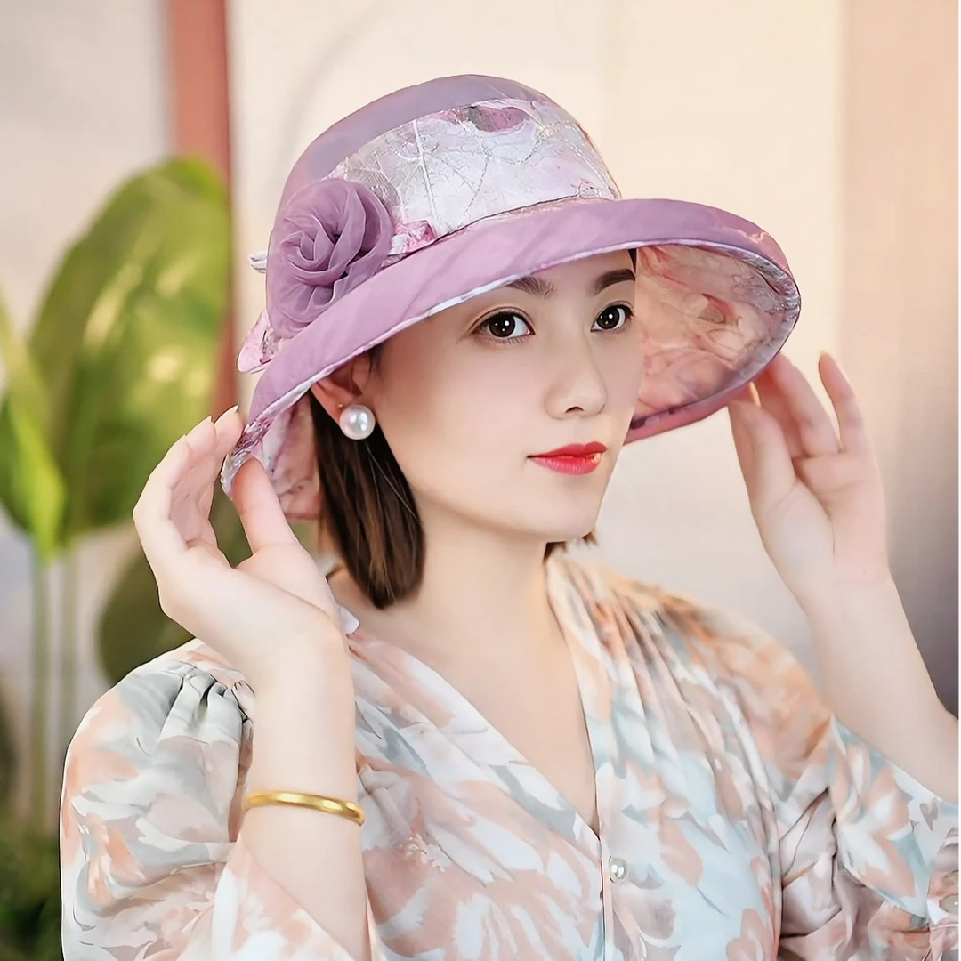 夏季新款帽子女时尚欧根纱太阳帽夏天遮阳渔夫帽气质妈妈防晒帽薄