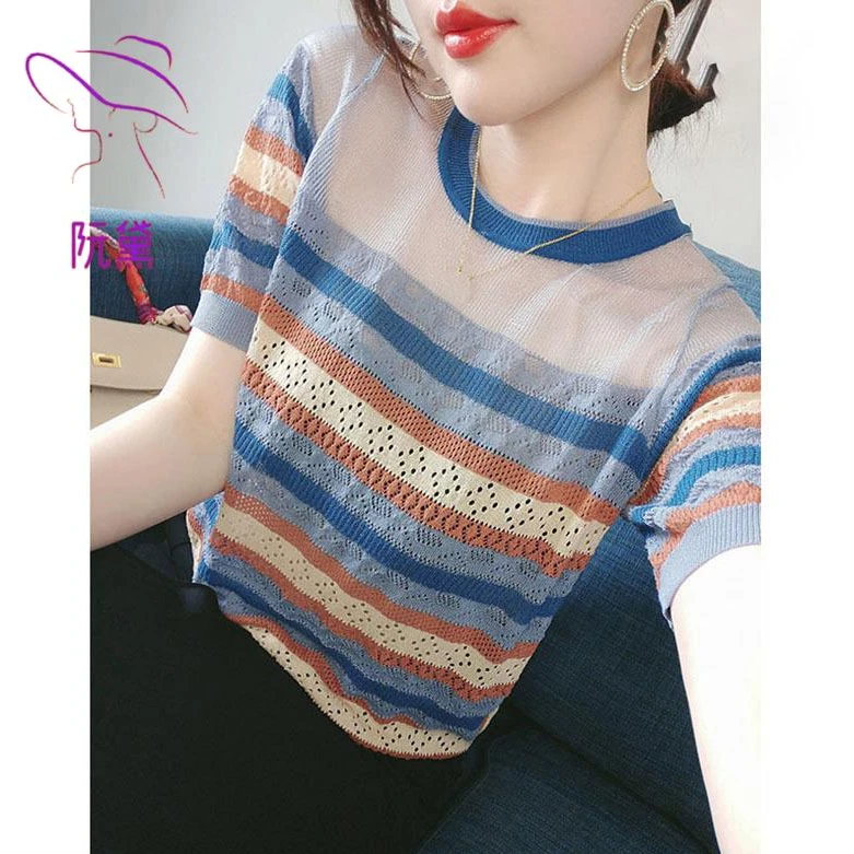 阮黛夏季时尚新款2025年气质显瘦百搭条纹针织衫短袖镂空上衣女