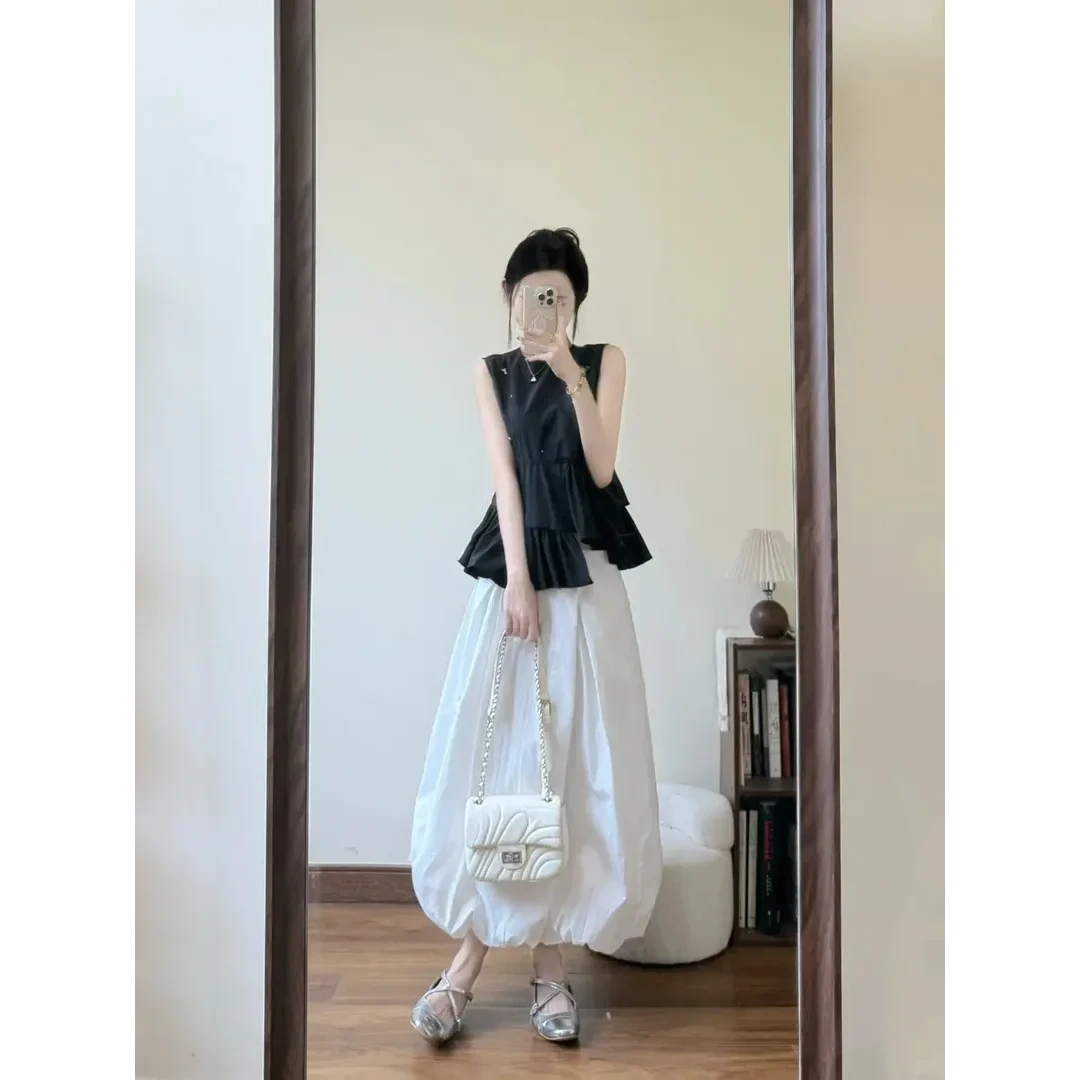 2025夏季新款不规则钉珠荷叶边无袖衬衫女百搭花苞半身裙两件套装