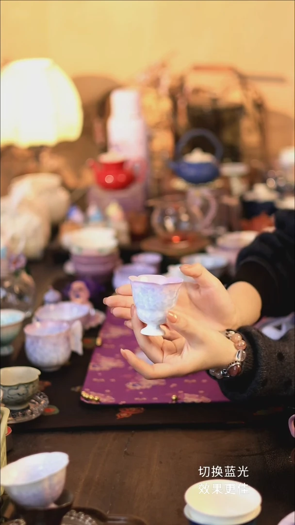 结晶釉紫白葫芦高足杯