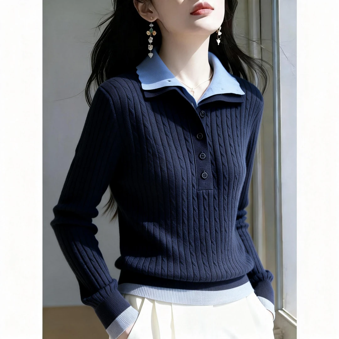 2025秋冬时尚翻领撞色假两件针织打底衫女韩系计感小众上衣