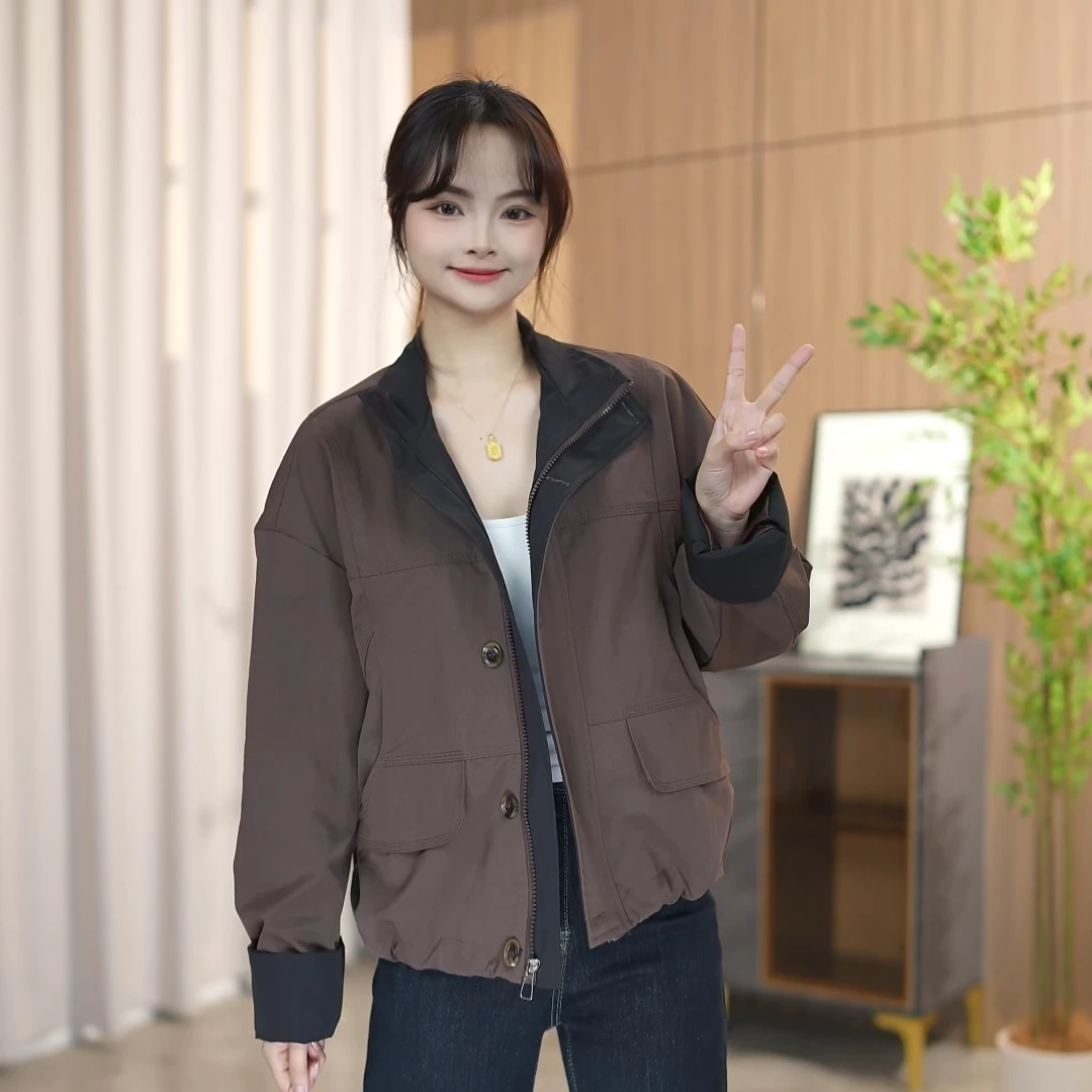 美式复古外套女2025秋冬新款小众高级感撞色翻领情侣飞行夹克上衣