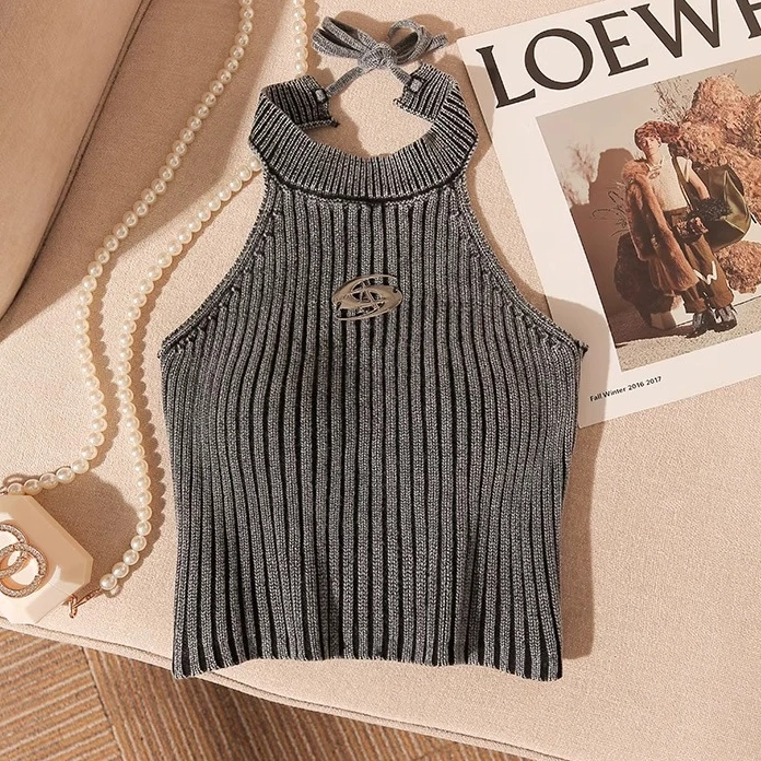 法式别致挂脖上衣女夏外穿辣妹性感美背针织吊带小背心设计感打底