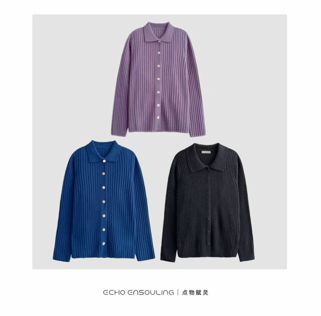 ECHO ENSOULING/点物赋灵E25110坑条polo领休闲针纸衫