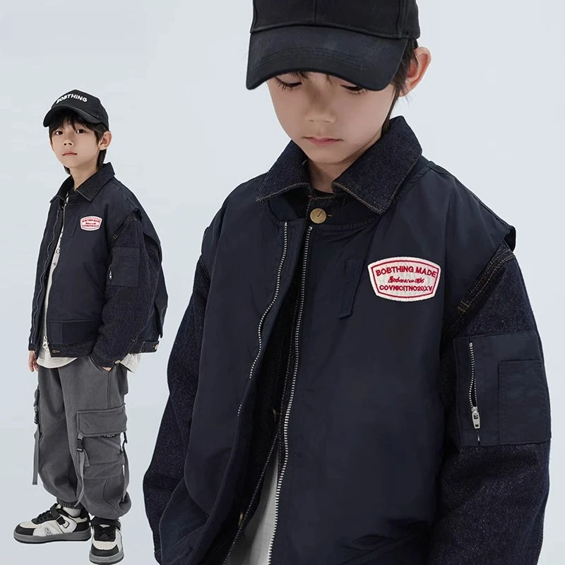 男童假两件拼接牛仔夹克春秋季外套儿童翻领上衣中大童装潮牌开衫