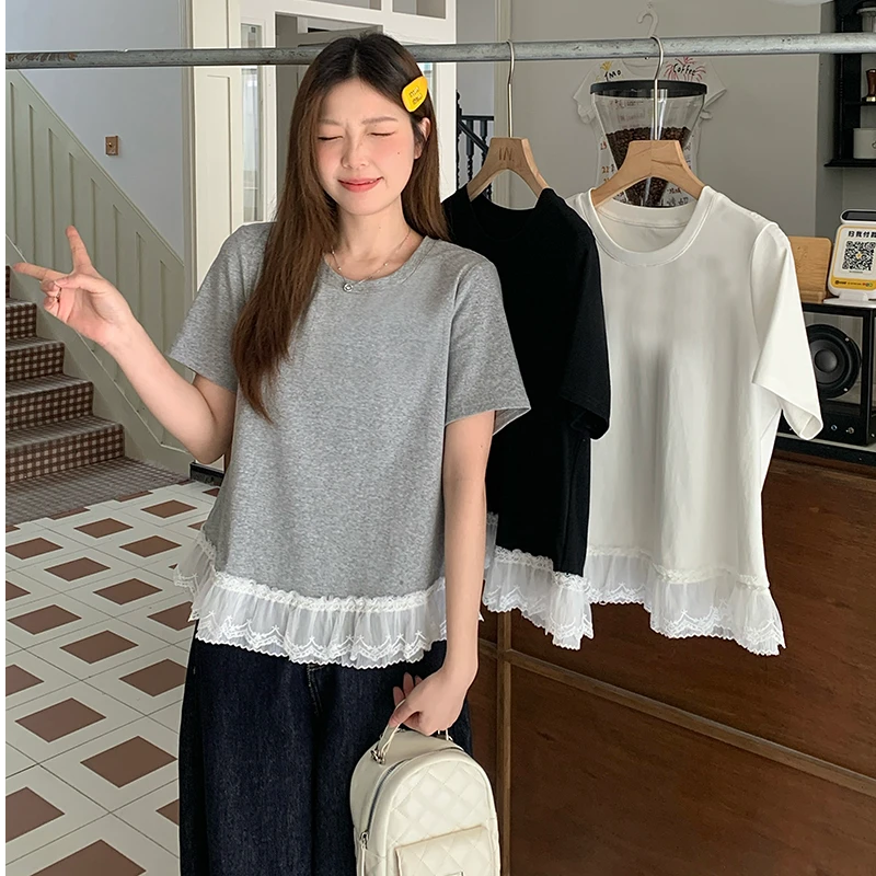 Q2025夏装胖mm大码女宽松显瘦拼接蕾丝边圆领短袖T恤上衣A1161