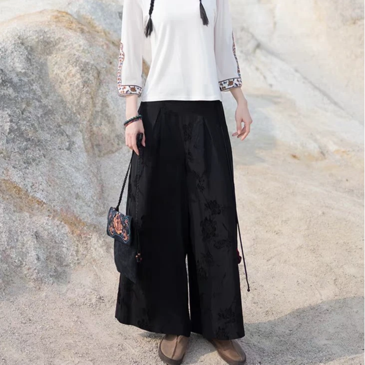 夏季中国风女装缎面提花松紧腰垂感薄款裤子民族风宽松显瘦阔腿裤