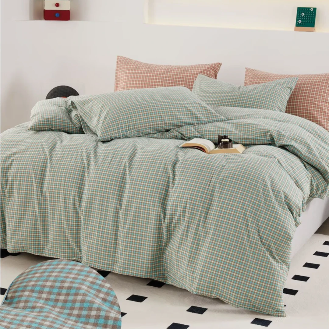 全棉色织水洗棉床单被套被罩四件定制尺寸学生家用格子简约加厚