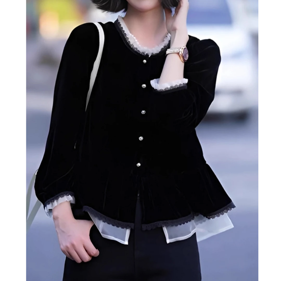 洋气圆领荷叶边衬衫女早秋新款长袖显瘦遮肚打底衫假两件洋气上衣