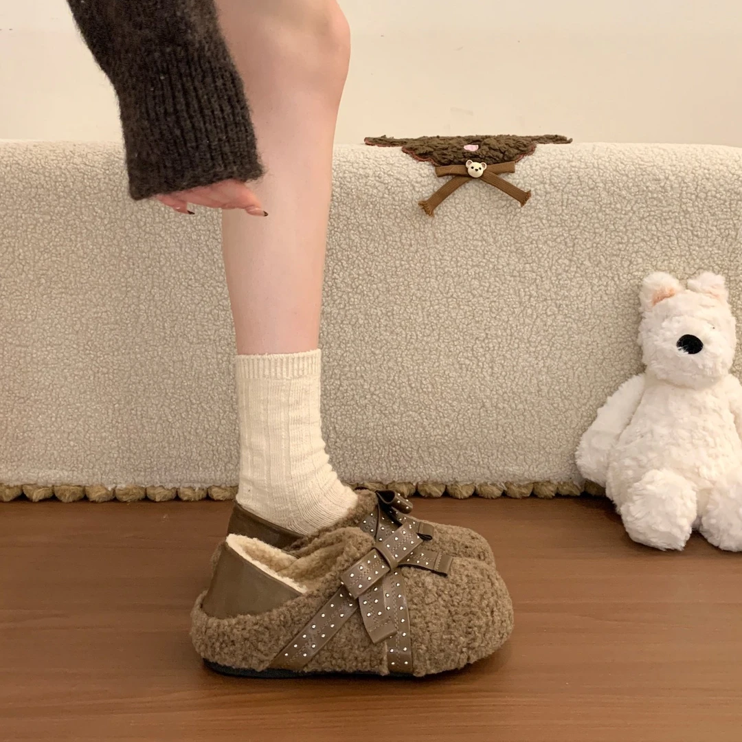 白色复古加绒加厚厚底毛毛鞋女2025新款冬外穿保暖两穿勃肯棉鞋子