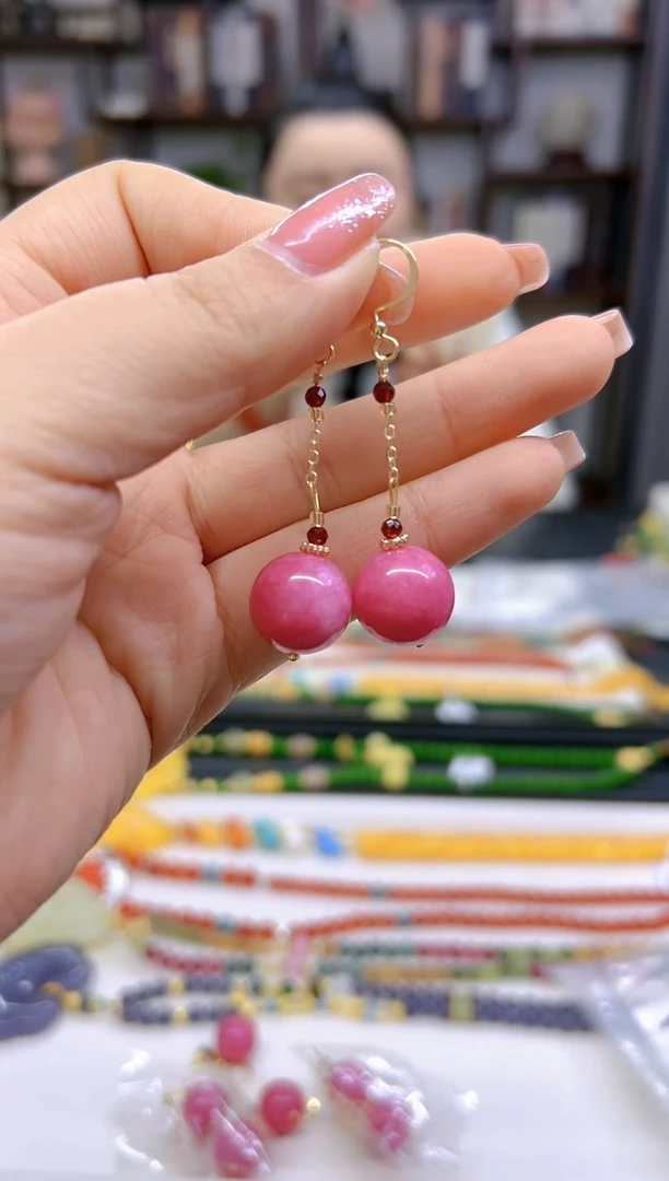 【闪购商品】菱锰矿（红纹石）耳坠14K金镶嵌E613