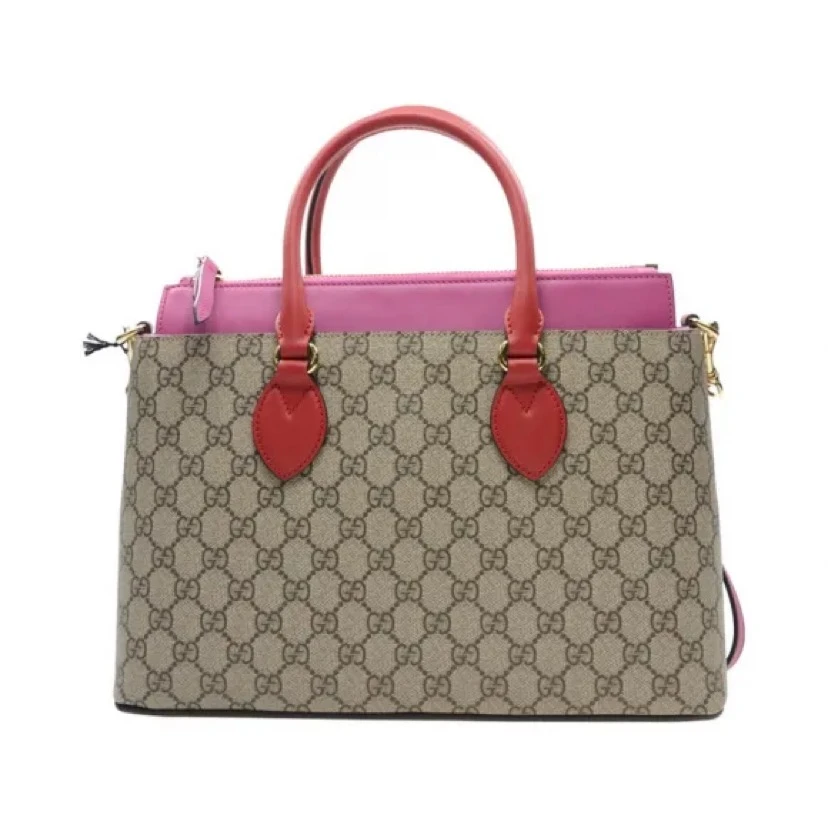 95新 GUCCI/古驰 老花拼玫红色手提包斜挎包