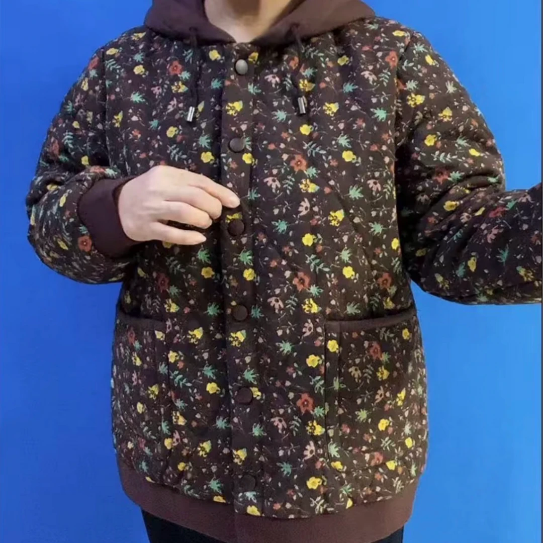 《专柜品质》5气质冬季花色印花加厚保暖碎花杂线帽版妈妈奶奶棉服