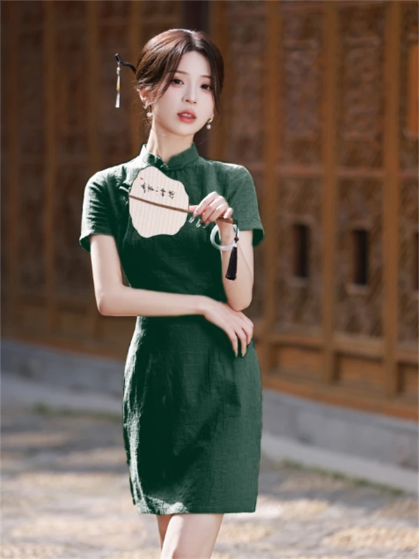 【曾见】新款小个子短款黄色绿色提花棉麻显瘦显白改良款旗袍日常