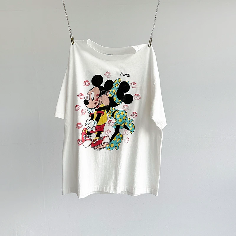 MKSZY 米奇米妮贴贴 水洗做旧vintage tee动画短袖T恤 情侣款