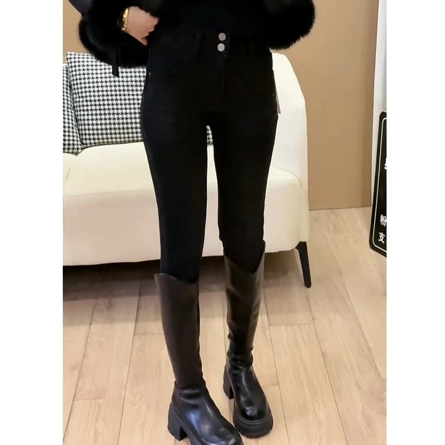 大码黑色小脚牛仔裤女秋冬加绒高腰弹力紧身显瘦小个子九分铅笔裤