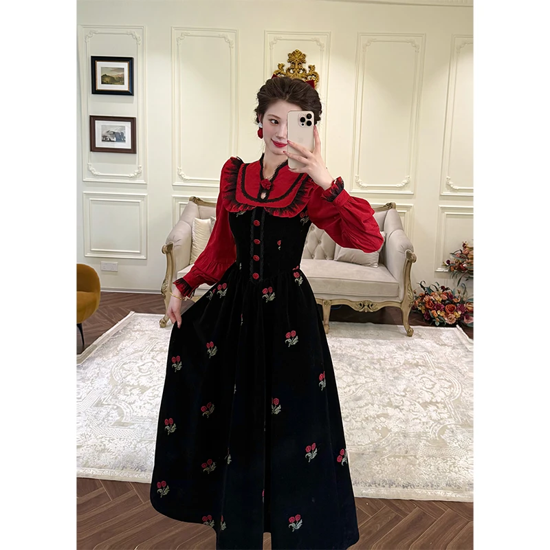 一生罗曼【复古樱桃】秋季新款法式复古碎花V领连衣裙L1499