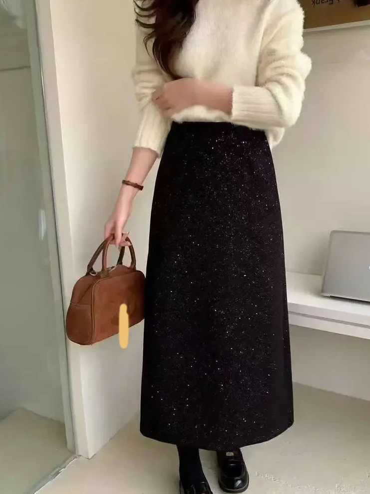 高级闪闪亮片半身裙女冬季独特超好看高腰后开叉包臀裙子