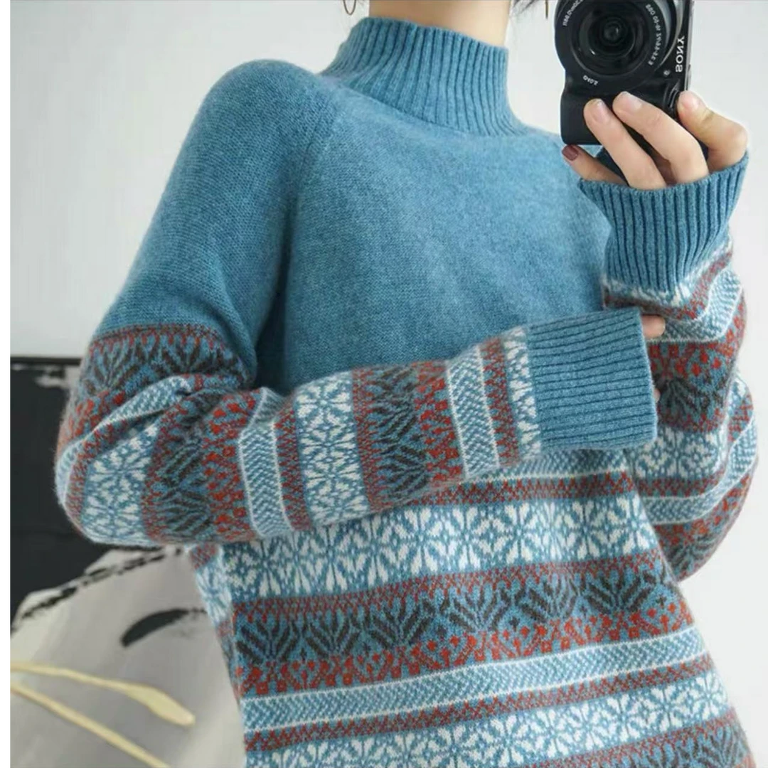 7680-前短后长（颜色任意）条纹雪花加厚毛衣