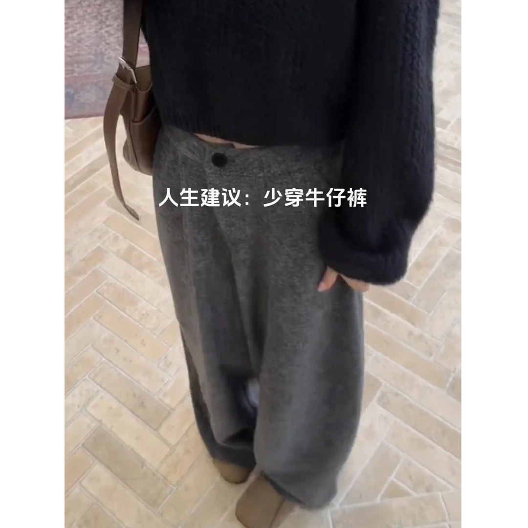 大码毛呢裤女秋冬加绒加厚2025新款今年流行弯刀裤胖mm显瘦阔腿裤