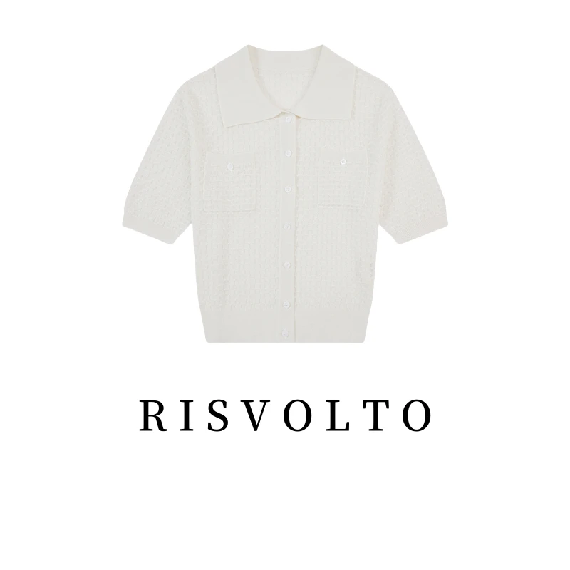 RISVOLTO 翻领镂空设计通勤简约气质短袖针织衫女 D23-3019