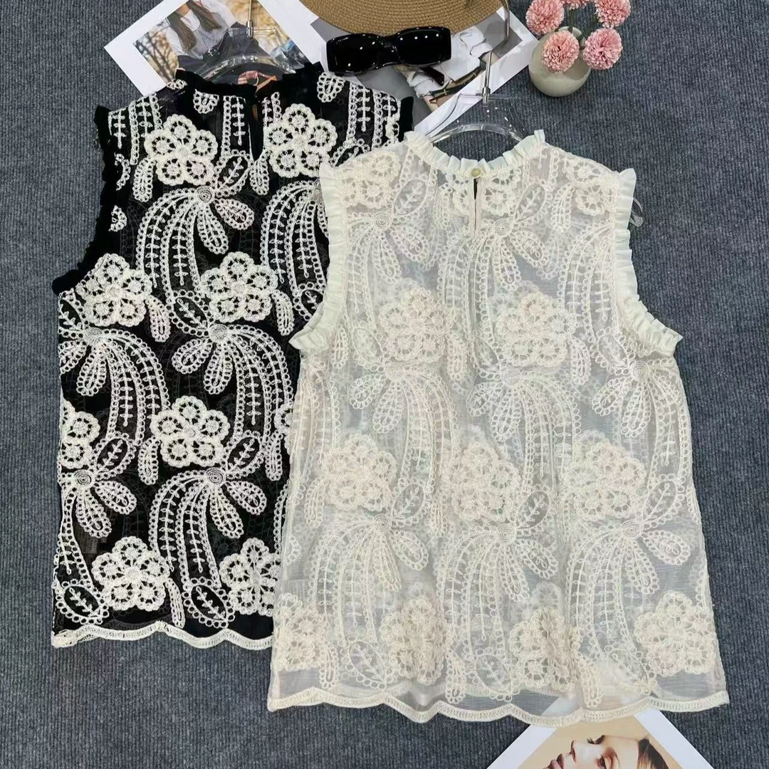 5853#欧货背心欧洲站时尚百搭宽松显瘦洋气减龄圆领无袖刺绣