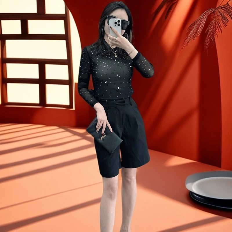 时尚性感黑色上衣修身女士格子塑身小众设计感原创设计