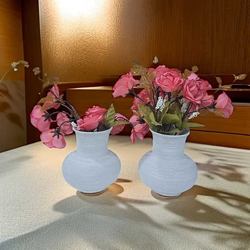 皇博陶瓷花瓶新中式简约风螺纹手工餐桌摆设白色粗陶罐台面插花器