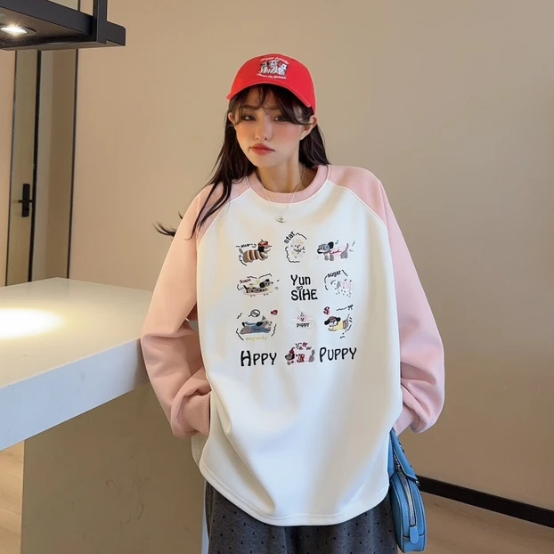 25春款【插肩拼接开叉刺绣腊肠狗】时尚休闲百搭卫衣