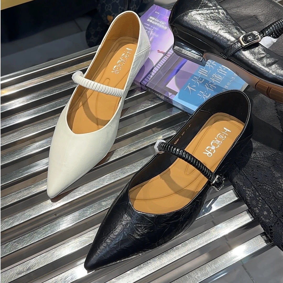 [大韩韩]早春新款99-1手抓牛油皮尖头气质舒适百搭方根高跟鞋瓢鞋