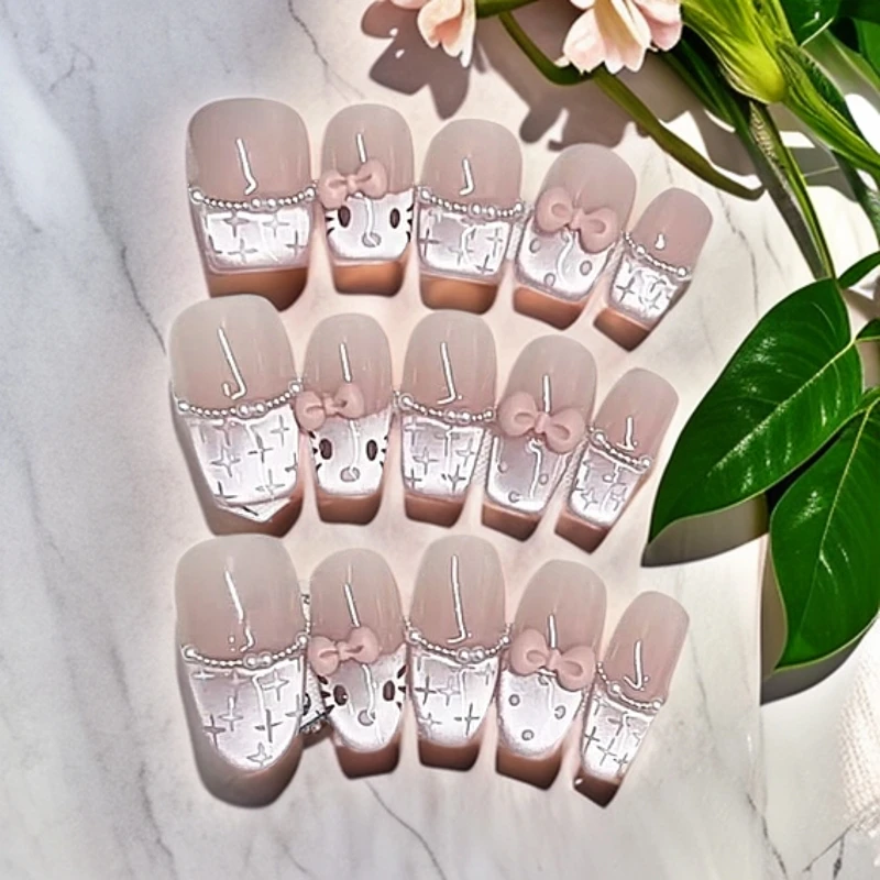 卡通KT短款手工穿戴甲猫眼手绘美甲显白美甲指片