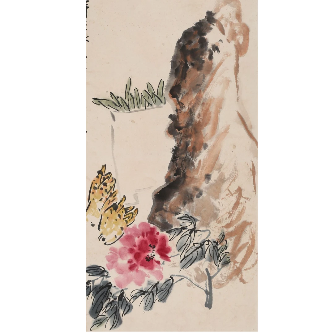 LOT.71 《花卉寿石》90*47cm 纸本设色立轴